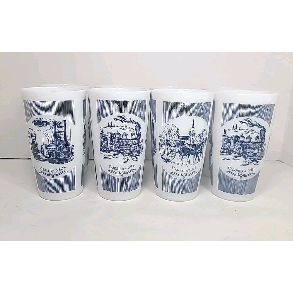Set Of 8 Vintage Hazel Atlas Currier & Ives Summertime Milk Glass Tumblers 10oz